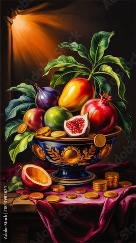 Luxurious still life with tropical fruit and gold coins in ornate blue bowl, dramatic baroque lighting and rich magenta drapery