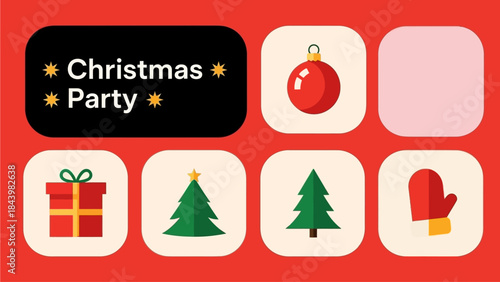 Joyful Christmas party themed vector icons featuring festive baubles, gifts, trees, and mittens for holiday celebrations and winter event decorations and invitations