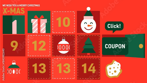 Engaging Christmas Advent Calendar Illustration with Daily Surprise Boxes, Festive Icons, and a Highlighted Coupon Offer, Perfect for Holiday Season Promotions and Digital Marketing Campaigns