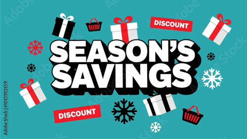 Unlock Great Value This Season Vibrant Promotional Graphic Featuring Gift Boxes, Discount Tags, Shopping Baskets, and Snowflakes for Festive Sales