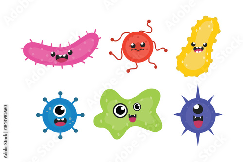 Set of Cute Cartoon Germs and Bacteria Characters. Suitable for clip art, stickers, flat design illustration, etc