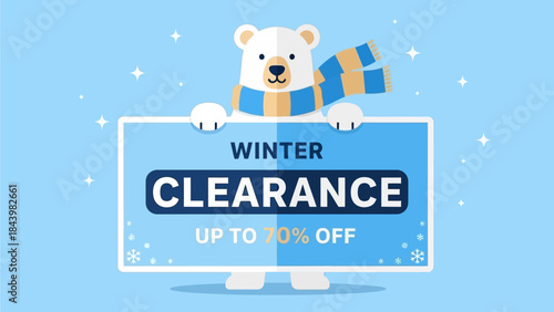 Snuggle up to massive savings this season! A friendly polar bear heralds a cheerful winter clearance sale, announcing discounts of up to seventy percent off