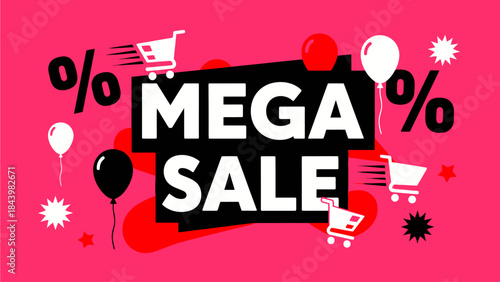 Dynamic graphic illustration announcing a Mega Sale event, featuring shopping carts, percentage symbols, and celebratory balloons on a bold pink background, perfect for promotional advertising