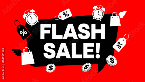 Red banner announcing a flash sale with bold text. Urgency icons emphasize limited-time offers and discounts to attract customers