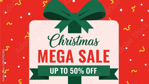 Christmas Mega Sale Up to 50% Off Discount Banner with Gift Box and Festive Background