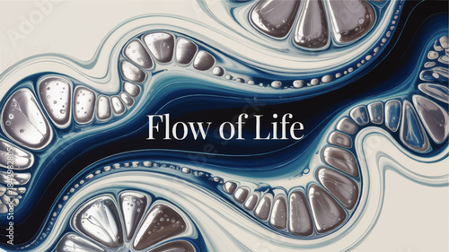 Abstract blue liquid flow with metallic cells and “Flow of Life” text, organic wave pattern medical biology art background