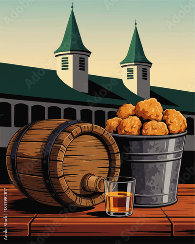 Bourbon barrel and fried chicken bucket on racetrack table at sunset, Derby day party illustration with twin spires background