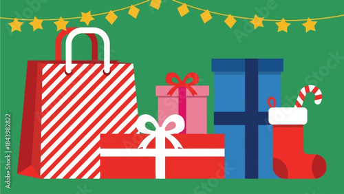 Festive holiday presents and stocking with a string of golden stars on a green background