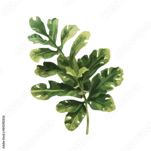 Watercolor painting of a green leafy branch with dappled sunlight