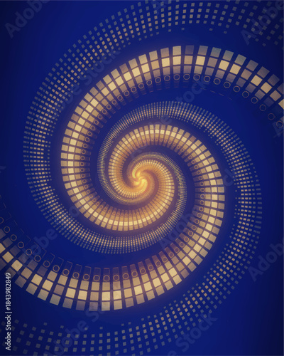Futuristic golden spiral data tunnel on blue background, abstract digital technology vortex, glowing geometric circles for sci fi design