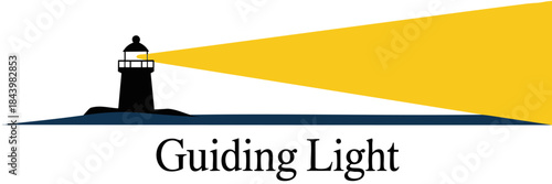 Minimalist lighthouse logo with bright yellow guiding beam over dark blue sea and elegant Guiding Light typography on transparent background