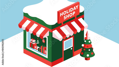 Isometric illustration of a charming holiday shop adorned with festive decorations and a snow-covered roof, ready for seasonal sales
