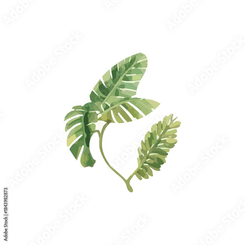 Fresh green watercolor leaves illustration, depicting exotic and lush foliage with a vibrant botanical essence, ideal for nature-inspired design projects and decorative accents