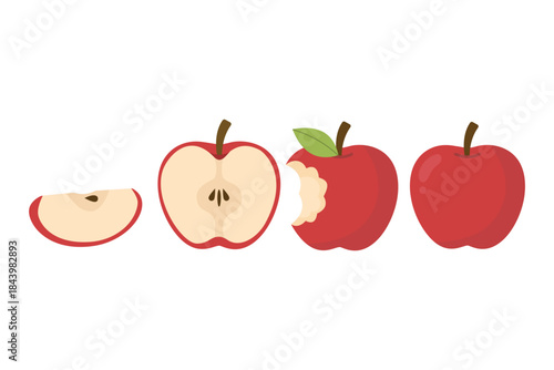 Red Apple Fruit Set. Whole, Sliced, and Eaten. Suitable for clip art, stickers, flat design illustration, etc