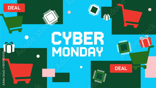 Cyber Monday Sale Deals on Tech, Gifts, and More with Shopping Carts and Festive Elements