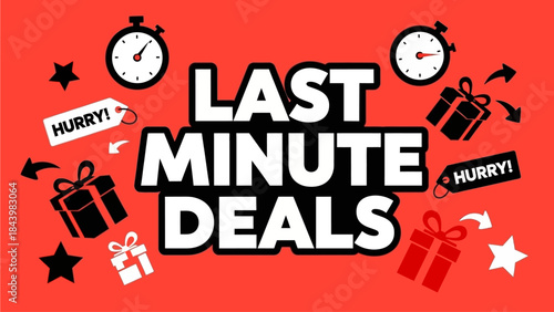 Last Minute Deals Event Signage with Gift Boxes and Stopwatch Icons on Red Background