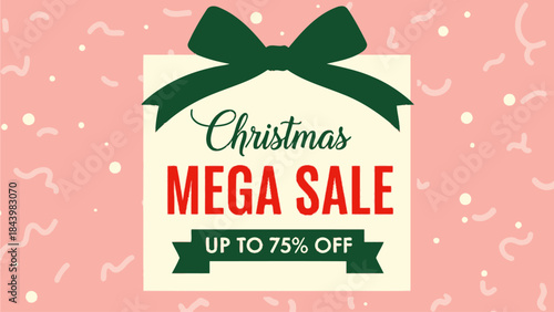 Festive Holiday Season Promotional Gift Box Illustration Featuring a Significant Discount Offer on a Decorative Pink Background
