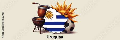 Uruguay culture illustration with national flag map, sun symbol, mate gourd, asado barbecue grill and soccer ball on light background