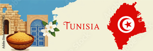 Tunisia travel banner with ruins, blue door, jasmine flower, couscous bowl and red map with national flag on beige background