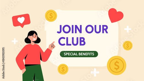 Vibrant illustration of a smiling woman inviting individuals to join an exclusive club, highlighting special benefits, rewards, and valuable community membership opportunities