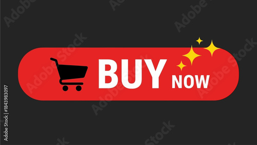Buy Now Button With Shopping Cart Icon and Sparkles - Red and Black Color Scheme
