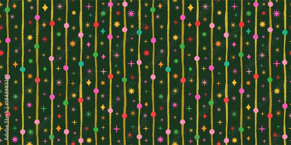 Fototapeta premium Colorful dots, stripes, sparkles and stars on dark background, Cute Christmas or birthday vector seamless pattern for banners and package design