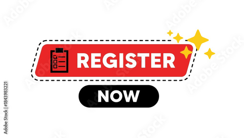 Register Now Button with Checklist Icon and Sparkle Accents - Call to Action Graphic