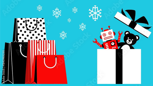 Festive holiday shopping bags and a surprise toy robot gift in a box with snowflakes, celebrating the joy of gifting and winter celebrations