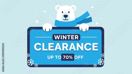 Charming Winter Clearance Sale Promotional Banner Featuring an Adorable Polar Bear Mascot with Special Discounts and Savings