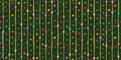 Colorful dots, stripes, sparkles and stars on dark background, Cute Christmas or birthday vector seamless pattern for banners and package design