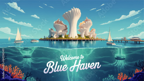 Futuristic ocean resort city Blue Haven, luxury yachts, coral reef and underwater energy hubs in tropical seascape illustration