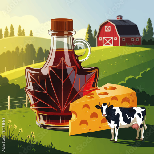 Maple syrup bottle with cheese and dairy cow on green farm landscape, rural countryside agriculture and organic food illustration