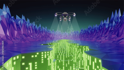 Futuristic low poly drone scanning neon cyber river canyon in glowing digital landscape, sci fi data valley illustration