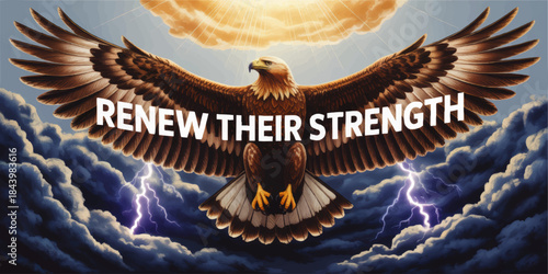 Soaring eagle above storm clouds with lightning and sun rays, inspirational Christian verse art text Renew Their Strength, faith hope courage