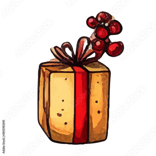 Hand-painted watercolor illustration of a festive gift box adorned with a red ribbon and red berries, perfect for holiday and celebration themes
