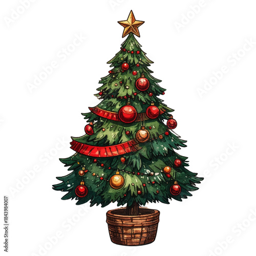 Festive Christmas tree adorned with ornaments, lights, and a shining star, ready to bring holiday cheer