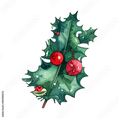 A festive watercolor illustration of a holly sprig adorned with vibrant red berries, perfect for holiday decorations and winter greetings
