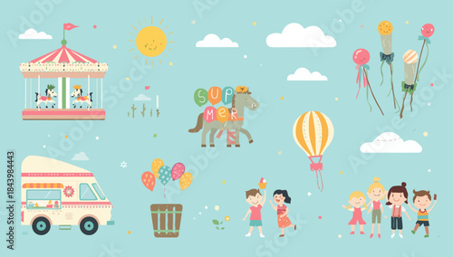 Vibrant Summer Funfair Scene with Children, Carousel, and Balloon Ride Illustrations