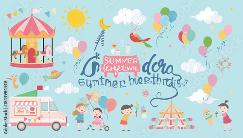 Colorful Summer Carnival Scene with Ice Cream Truck, Children, and Vibrant Decorations