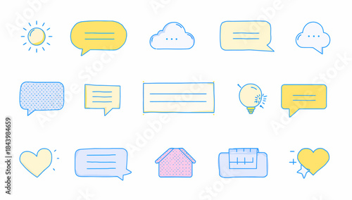 Hand-drawn icons representing communication, ideas, and social interaction with a playful aesthetic