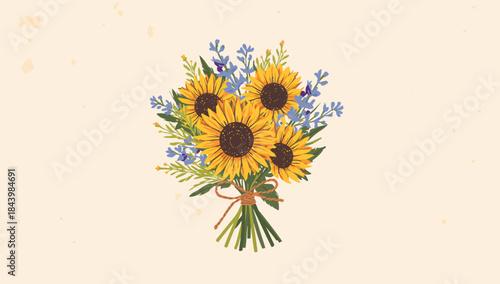 A charming bouquet of sunflowers and wildflowers, tied with twine, on a light background