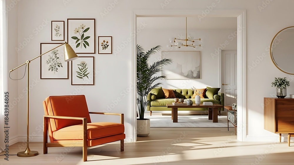 Fototapeta premium Cozy Living Room with Orange Armchair and Botanical Wall Art.