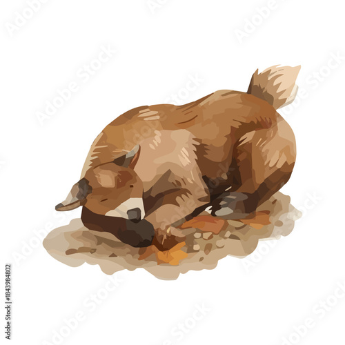 Cute brown cartoon dog lying down in dirt and autumn leaves, adorable animal illustration