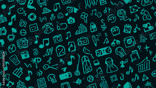 Dynamic conceptual pattern featuring a myriad of hand-drawn creative icons and symbols, illustrating a playful theme on a dark background for a versatile design element