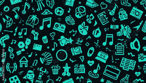 Vibrant seamless pattern with a diverse collection of hand-drawn concept icons in teal on a dark background, representing creativity, technology, music, and daily life elements