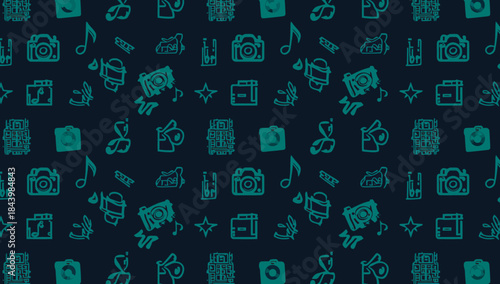 Dynamic seamless pattern featuring diverse outline icons related to media, entertainment, photography, and music, perfect for modern digital backgrounds and creative design projects