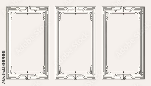 Three sophisticated vintage frames showcasing classic Art Deco ornamental borders, ideal for elegant design templates, certificates, and decorative document layouts
