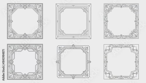 Collection of Ornate Square Decorative Frames and Borders Vector Illustration Set. Elegant Intricate Design Elements for Vintage Graphics, Certificates, and Embellishments