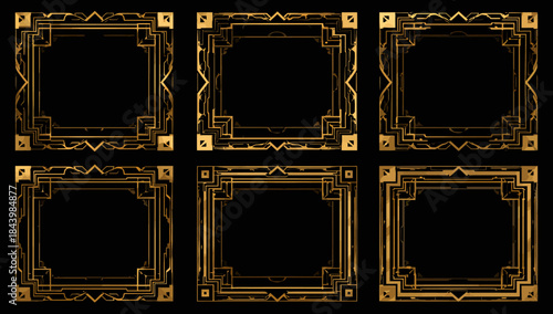 Elegant Art Deco Golden Frames Collection on Black Background – Luxurious Decorative Geometric Borders Set for Design Projects