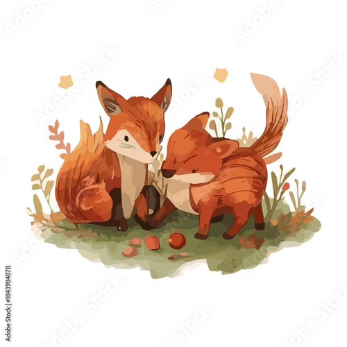 Charming illustration of two adorable foxes in a whimsical autumn setting, surrounded by fallen leaves and foliage